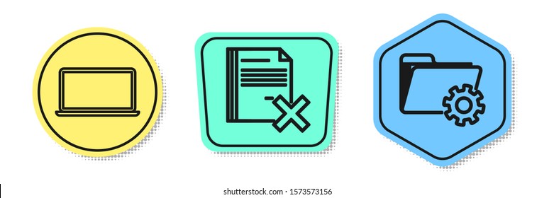 Set line Laptop, Delete file document and Folder settings with gears. Colored shapes. Vector