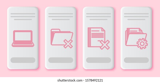 Set line Laptop, Delete folder, Delete file document and Folder settings with gears. White rectangle button. Vector