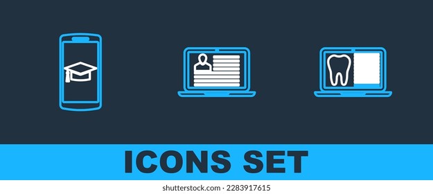 Set line Laptop with dental card, Graduation cap on mobile and resume icon. Vector
