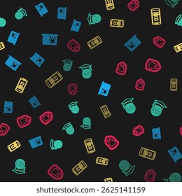 Set line Laptop with dental card, Graduation cap on globe, Smartphone contact and Dental protection on seamless pattern. Vector