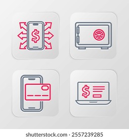 Set line Laptop with dollar, Mobile banking, Safe and Smartphone icon. Vector