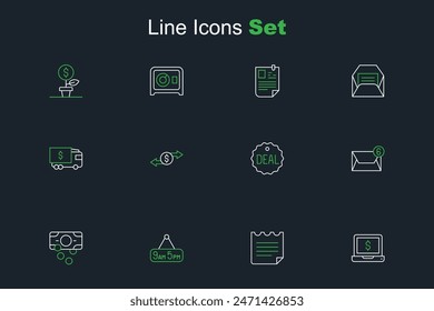 Set line Laptop with dollar, Notebook, From 9 5 job, Stacks paper money cash, Mail and e-mail, Deal, Money exchange and Armored truck icon. Vector