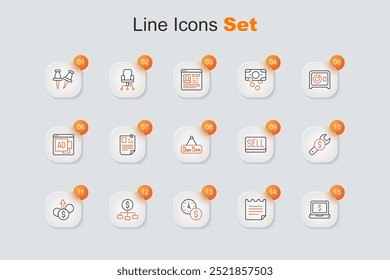 Ordenador portátil con el dólar, el cuaderno, el tiempo es dinero, la jerarquía, el crecimiento financiero, el Precio de reparación, el Botón de venta y desde 9 5 icono de trabajo. Vector