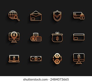 Set line Laptop with dollar symbol, Stacks paper money cash, Magnifying glass globe, Money exchange, Computer monitor, Cryptocurrency coin Bitcoin, Envelope and Wallet icon. Vector