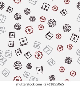 Set line Laptop, Electrical outlet, Book about electricity and Gear and lightning on seamless pattern. Vector