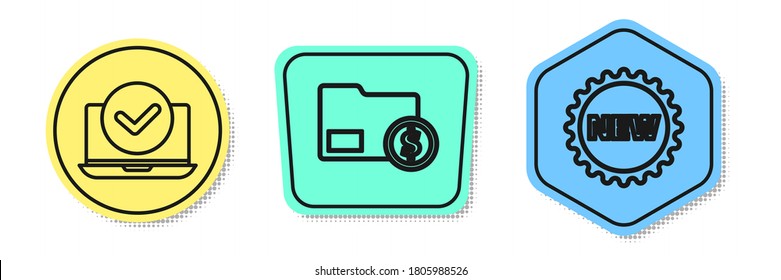 Establece la línea Laptop, Envoltura con moneda y la etiqueta Precio con Nuevo. Formas coloreadas. Vector