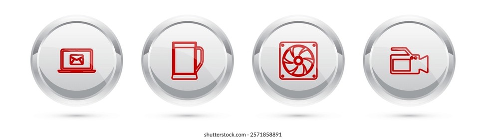 Set line Laptop with envelope, Glass of beer, Computer cooler and Cinema camera. Silver circle button. Vector