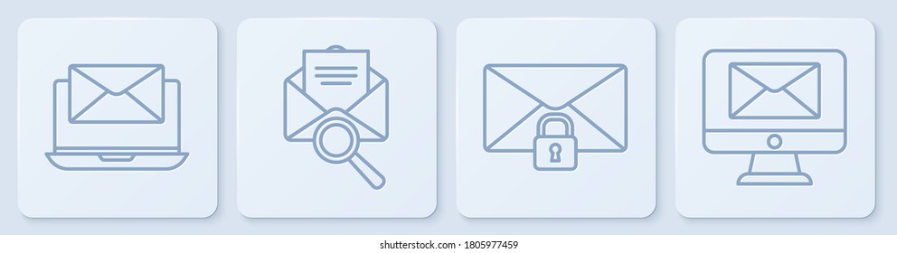 Set line Laptop with envelope, Mail message lock password, Envelope with magnifying glass and Monitor and envelope. White square button. Vector
