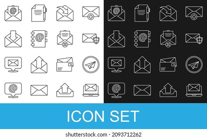 Set line Laptop with envelope, Paper plane, Envelope shield, Address book, Mail and e-mail and Delete icon. Vector