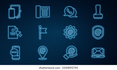 Set line Laptop with envelope, Shield mail and e-mail, Telephone speech bubble chat, Location marker, Document cursor, Phone graphic tablet, Mail and  icon. Vector