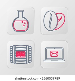 Set line Laptop with envelope, Wooden barrel rum, Coffee beans and Test tube and flask icon. Vector