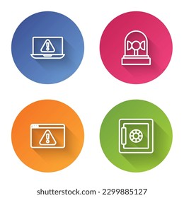 Set line Laptop with exclamation mark, Flasher siren, Browser and Safe. Color circle button. Vector