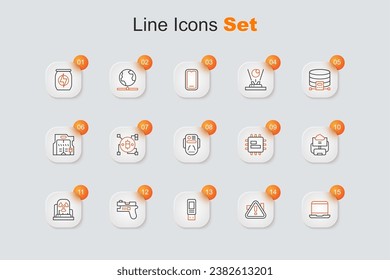 Set line Laptop, Exclamation mark in triangle, USB flash drive, Futuristic weapon, Radioactive warning lamp, Cloud database, Processor CPU and Artificial intelligence robot icon. Vector