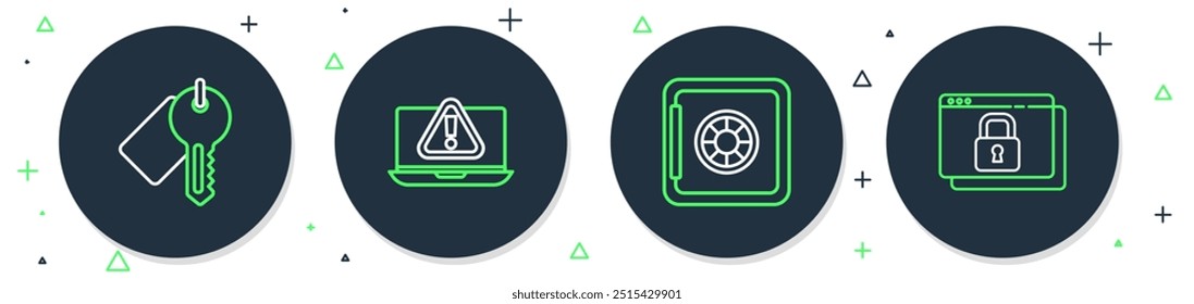 Ordenador portátil con signo de exclamación, seguro, clave marcada y seguro de su sitio HTTPS, icono SSL. Vector