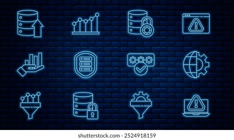 Ordenador portátil con signo de exclamación, Globo de la Tierra y engranaje, cerradura de seguridad del servidor, escudo, infografía de gráfico circular, servidor, datos, alojamiento de Web, protección de Contraseñas e ícono. Vector