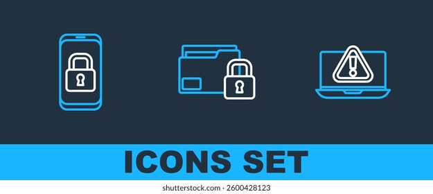 Set line Laptop with exclamation mark, Mobile closed padlock and Folder and icon. Vector