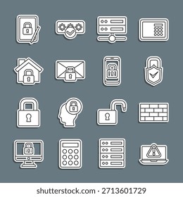 Set line Laptop mit Ausrufezeichen, Sicherheits-Wand, Sperren und überprüfen, Server, Daten, Web-Hosting, Mail-Nachricht sperren Passwort, Haus unter Schutz, Tablet geschlossen Vorhängeschloss und Mobile Symbol. Vektorgrafik