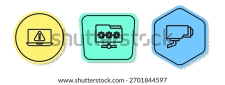 Set line Laptop with exclamation mark, Folder password and Security camera. Colored shapes. Vector