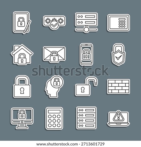 Set line Laptop with exclamation mark, security wall, Lock and check, Server, Data, Web Hosting, Mail message lock password, House under protection, Tablet closed padlock and Mobile icon. Vector