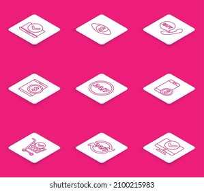 Set line Laptop, Eye with dollar, Phone and speech bubble Buy, Tablet, Clock 24 hours, Smartphone, Shopping cart check mark and  icon. Vector
