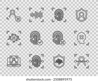Set line Laptop mit Gesichtserkennung, Gesicht, Fingerabdruck, Zurückweisung, Schildstimme und Symbol. Vektorgrafik