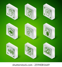 Set line Laptop with face recognition, Face, Palm print, Fingerprint door lock, Shield voice, Voice and  icon. Vector