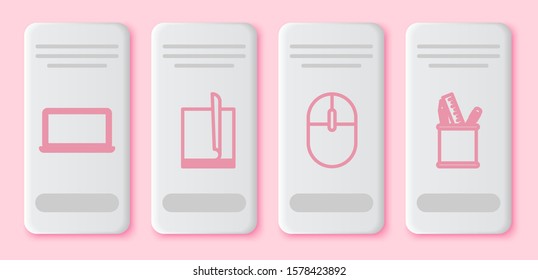 Set line Laptop, File document, Computer mouse and Pencil case stationery. White rectangle button. Vector