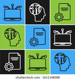 Set line Laptop, File document and Human brain as digital circuit board icon. Vector