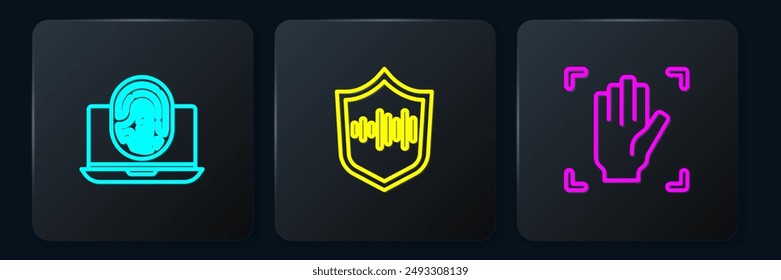 Set line Laptop with fingerprint, Palm recognition and Shield voice. Black square button. Vector