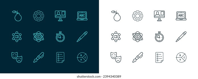 Set line Laptop, Fountain pen nib, Stopwatch, Clipboard with checklist, Atom, Online class, Pear and Gear icon. Vector