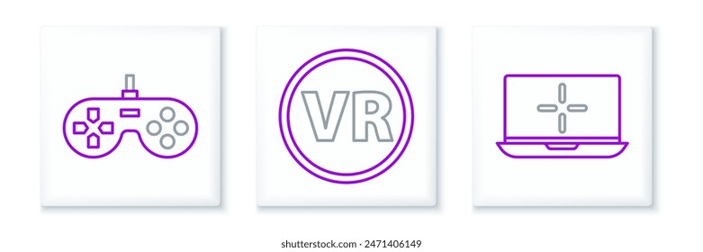 Set line Laptop, Gamepad and Virtual reality glasses icon. Vector