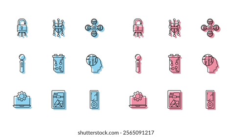 Set line Laptop and gear, 3D printer, Lock on digital circuit board, Music player, Video graphic card, Human brain as, Gamepad and Processor icon. Vector