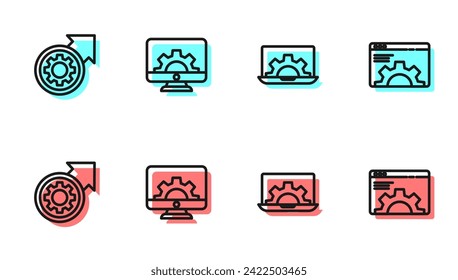 Set line Laptop and gear, Gear arrows as workflow process, Computer monitor and Browser setting icon. Vector
