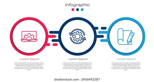 Set line Laptop and gear, Gear arrows as workflow and Graphing paper pencil. Business infographic template. Vector