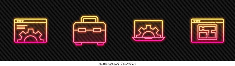 Establecer línea Ordenador portátil y equipo, Configuración del navegador, Caja de herramientas y Plan de la casa. Icono de neón brillante. Vector