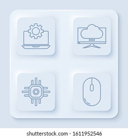 Set line Laptop and gear, Computer monitor screen, Processor and Computer mouse. White square button. Vector