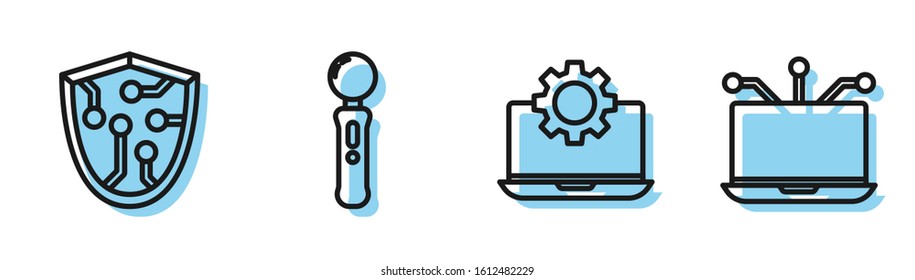 Set line Laptop and gear, Cyber security, Gamepad and Laptop icon. Vector