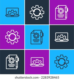 Set line Laptop and gear, Document settings pen and Gear arrows as workflow icon. Vector
