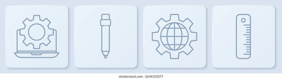 Set line Laptop and gear, Globe of the Earth and gear, Pencil with eraser and Ruler. White square button. Vector