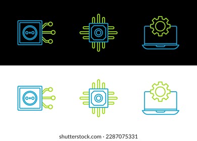 Ajuste la línea Portátil y engranajes, Control remoto e icono Procesador. Vector