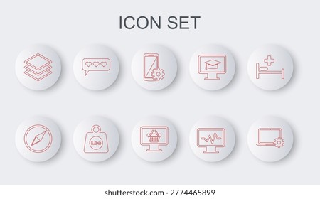 Set line Laptop and gear, Wind rose, Setting on smartphone, Monitor with cardiogram, Layers, Like heart, Weight pounds and shopping basket icon. Vector