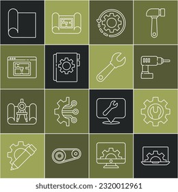 Set line Laptop and gear, Wrench spanner, Electric drill machine, Gear arrows as workflow, User manual, House plan, Graphing paper for engineering and  icon. Vector