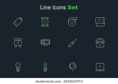 Set line Laptop, Global planet with thunderbolt, LED light bulb, Creative lamp idea, Toolbox electrician, Screwdriver, Electrical outlet and meter icon. Vector