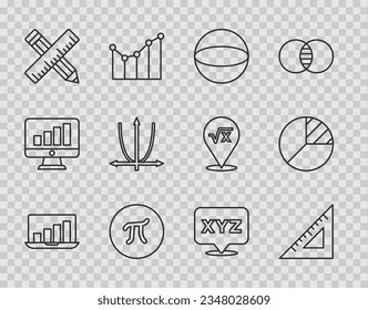 Set line Laptop with graph chart, Triangular ruler, Geometric figure Sphere, Pi symbol, Crossed and pencil, Graph, schedule, diagram, XYZ Coordinate system and Pie infographic icon. Vector