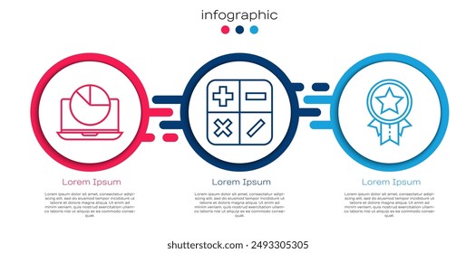 Set line Laptop with graph chart, Calculator and Medal with star. Business infographic template. Vector
