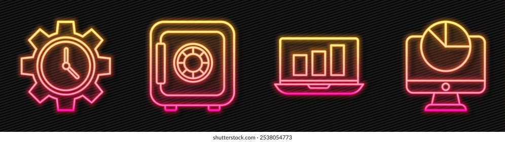 Definir linha Laptop com gráfico, Gerenciamento de tempo, Seguro e Monitor de computador com gráfico. Ícone de néon brilhante. Vetor