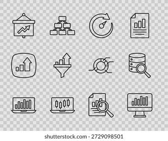 Set line Laptop with graph chart, Monitor, Digital speed meter, Stocks market growth graphs, Board, Sales funnel, Document and Server icon. Vector - Powered by Shutterstock - Get 15% off with code: PIKWIZARD15