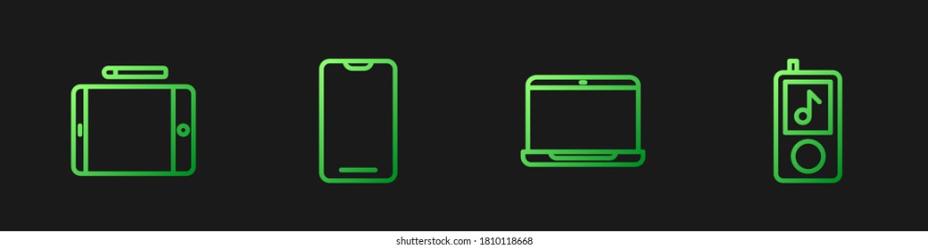 Set line Laptop, Graphic tablet, Smartphone, mobile phone and Music player. Gradient color icons. Vector