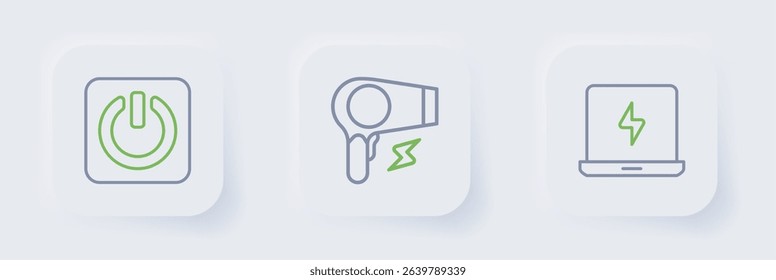 Set line Laptop, Hair dryer and Power button icon. Vector