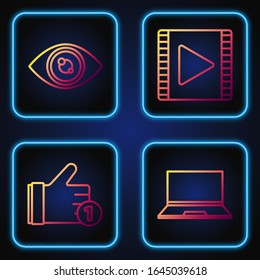 Set line Laptop, Hand like, Eye and Play Video. Gradient color icons. Vector